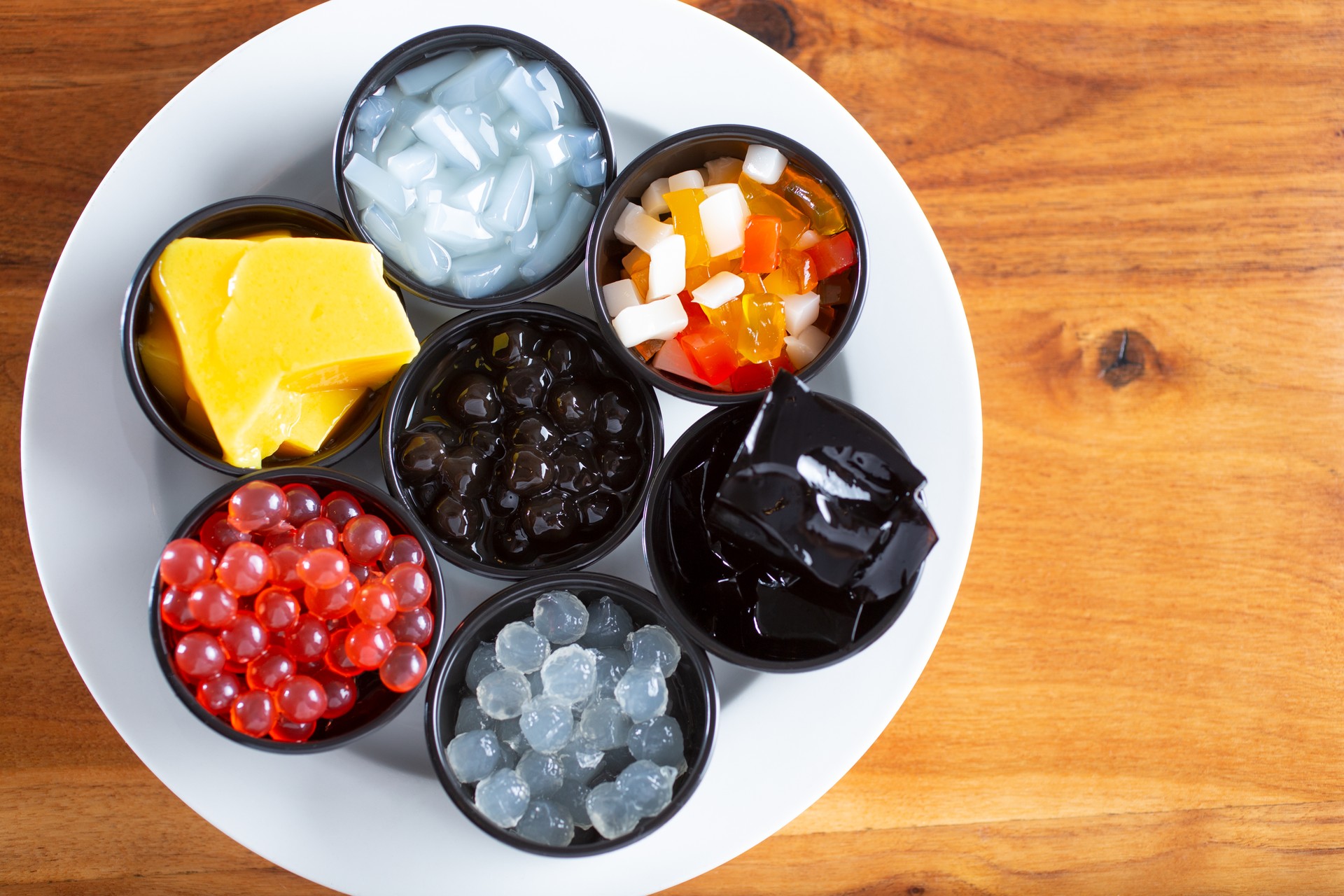 boba toppings, flat lay